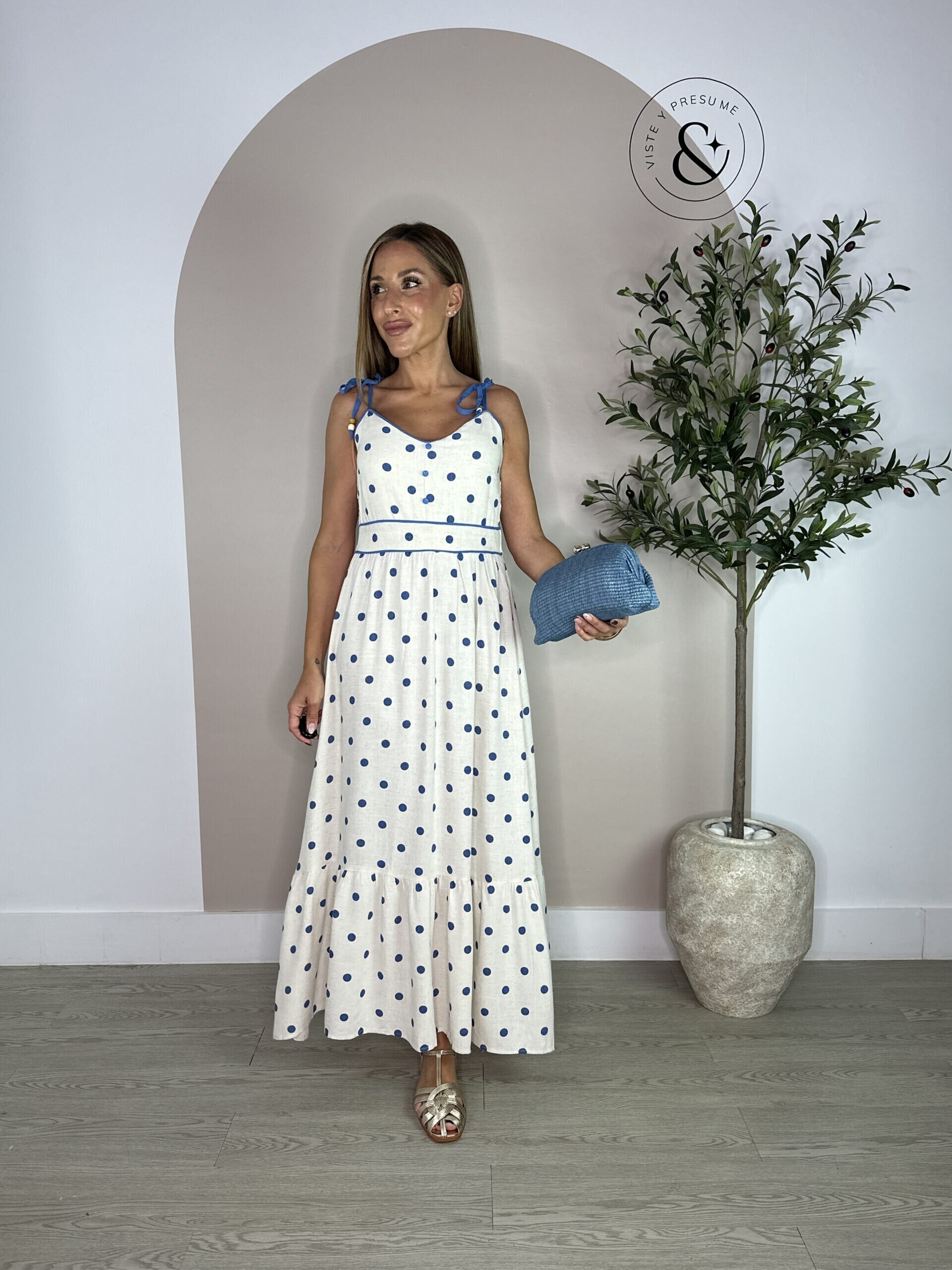 Vestido lino lunares celeste